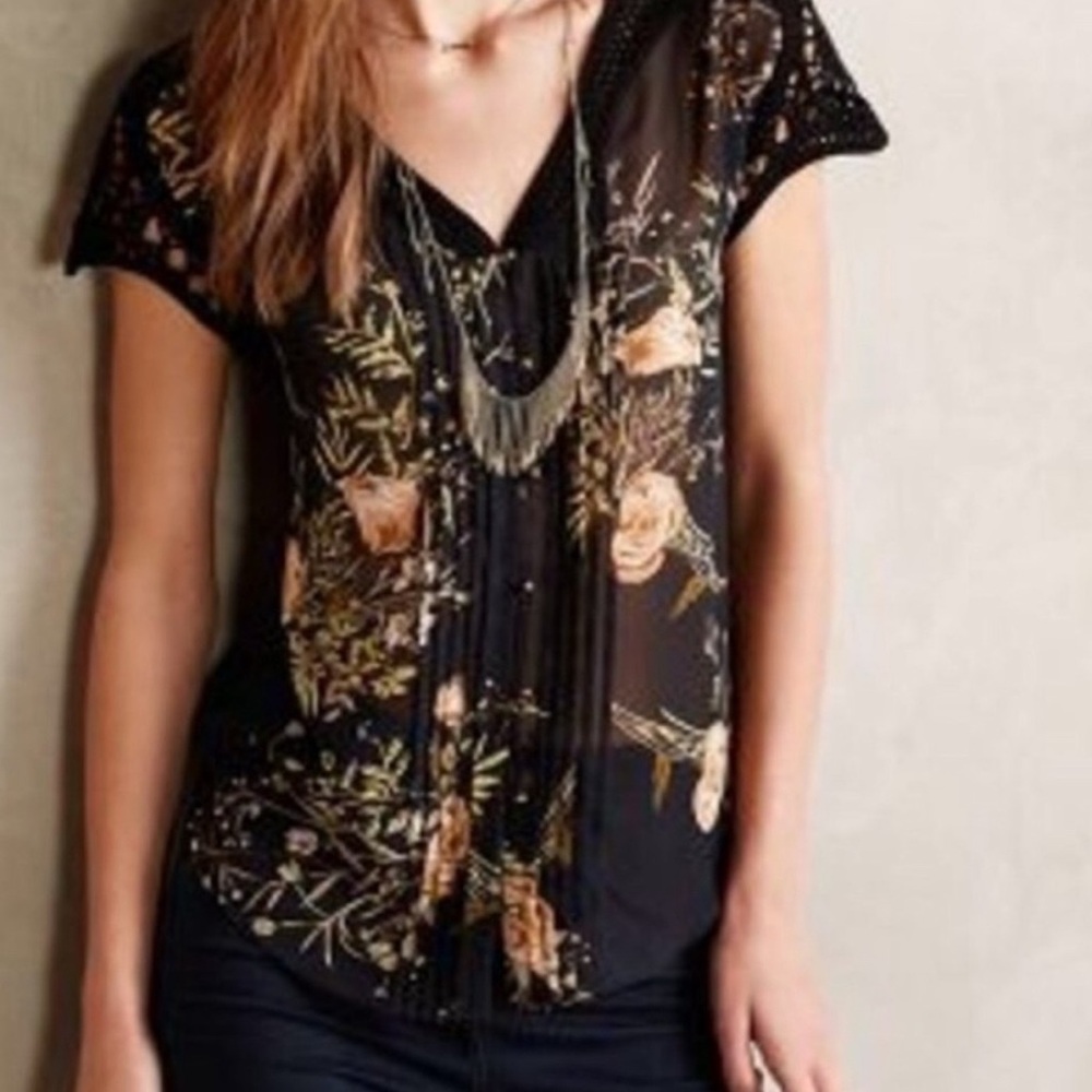 Anthropologie Meadow Rue Black Cap Sleeve Sheer Pleated Blouse